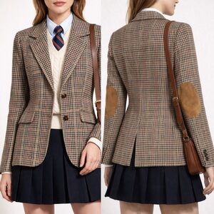 VTG Oaks London Brown Plaid Elbow Patch Wool Blazer Equestrian Preppy size small